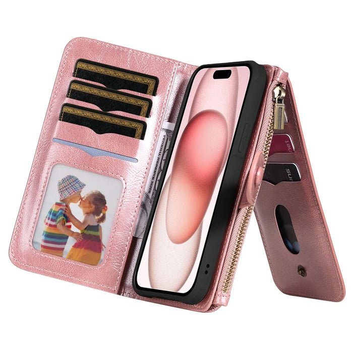 For iPhone 15 Magnetic Case Detachable PU Leather Zipper Wallet Cover - Rose Gold - 3