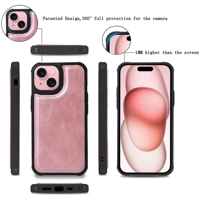 For iPhone 15 Magnetic Case Detachable PU Leather Zipper Wallet Cover - Rose Gold - 5