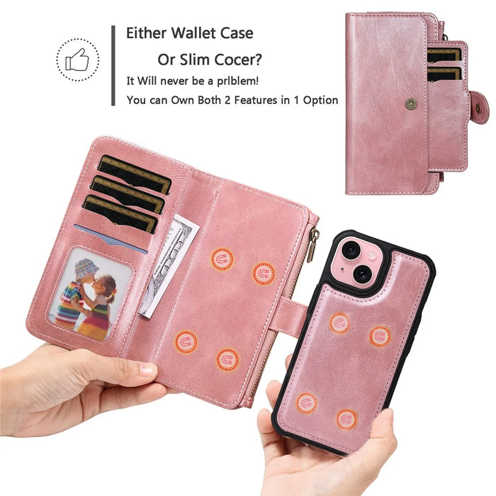 For iPhone 15 Magnetic Case Detachable PU Leather Zipper Wallet Cover - Rose Gold - 6