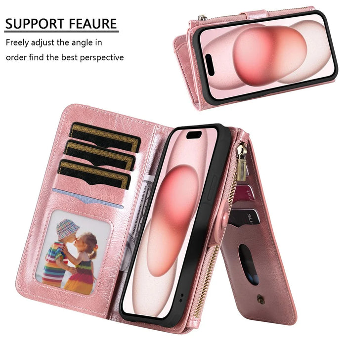For iPhone 15 Magnetic Case Detachable PU Leather Zipper Wallet Cover - Rose Gold - 7