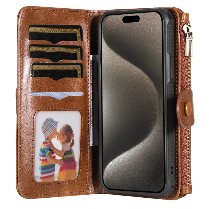 For iPhone 15 Pro Max Magnetic Case Detachable PU Leather Zipper Wallet Cover - Brown - 2