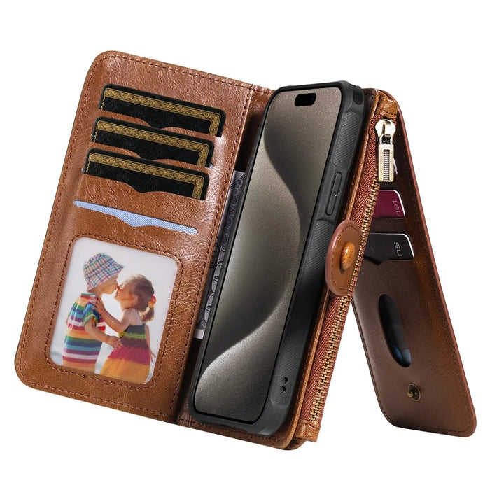 For iPhone 15 Pro Max Magnetic Case Detachable PU Leather Zipper Wallet Cover - Brown - 3