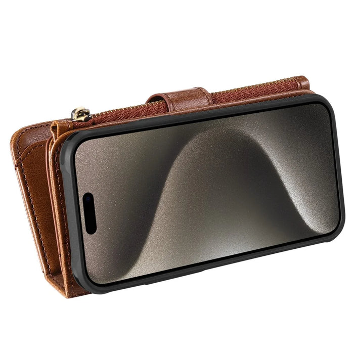 For iPhone 15 Pro Max Magnetic Case Detachable PU Leather Zipper Wallet Cover - Brown - 4