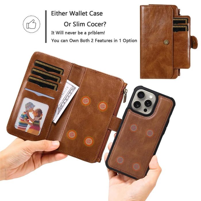 For iPhone 15 Pro Max Magnetic Case Detachable PU Leather Zipper Wallet Cover - Brown - 6