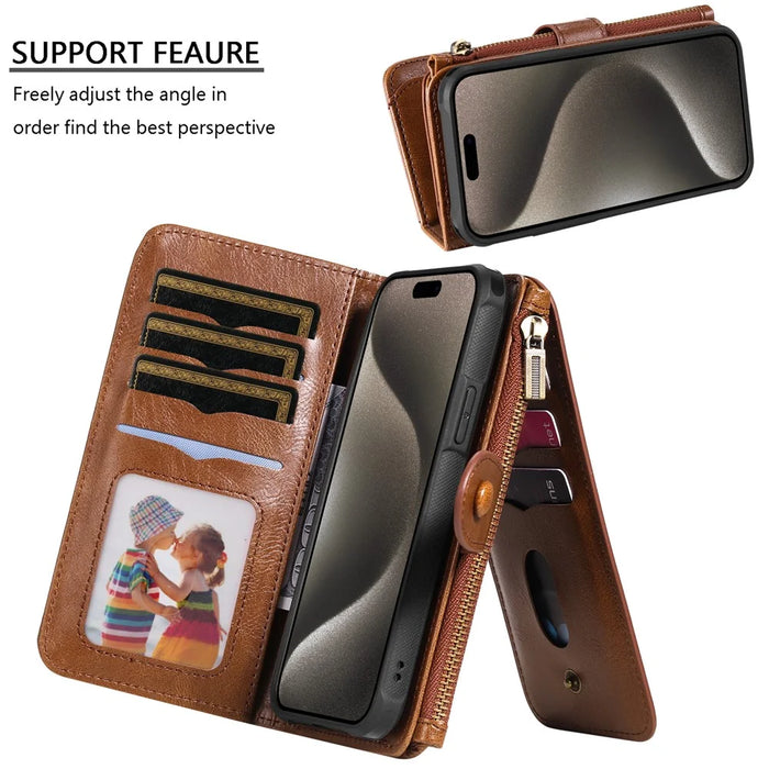 For iPhone 15 Pro Max Magnetic Case Detachable PU Leather Zipper Wallet Cover - Brown - 7