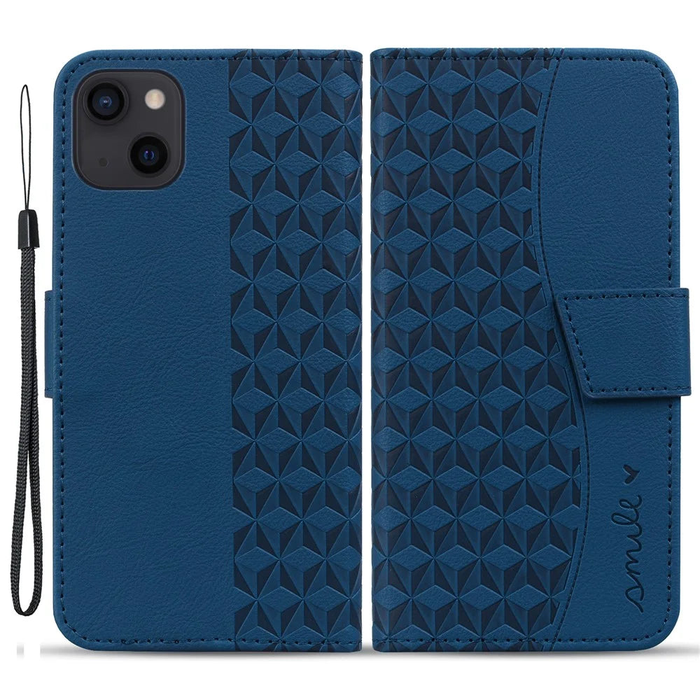 For iPhone 14 Case Imprinted Leather Phone Cover with Wallet Stand - Sapphire - 1