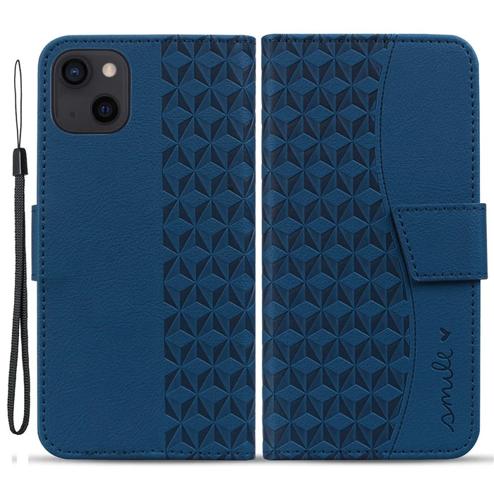 For iPhone 14 Case Imprinted Leather Phone Cover with Wallet Stand - Sapphire - 1