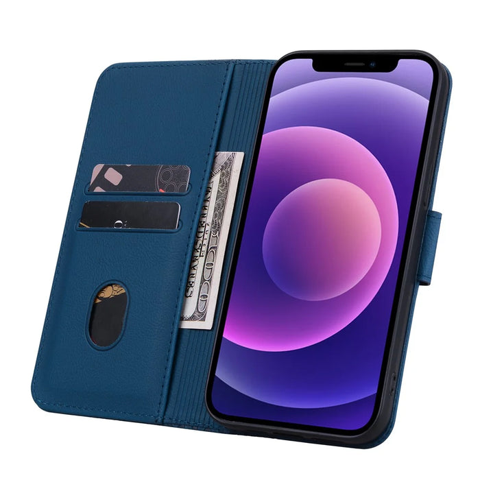 For iPhone 14 Case Imprinted Leather Phone Cover with Wallet Stand - Sapphire - 2