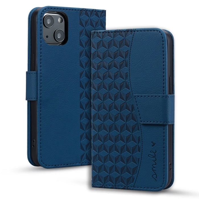 For iPhone 14 Case Imprinted Leather Phone Cover with Wallet Stand - Sapphire - 6