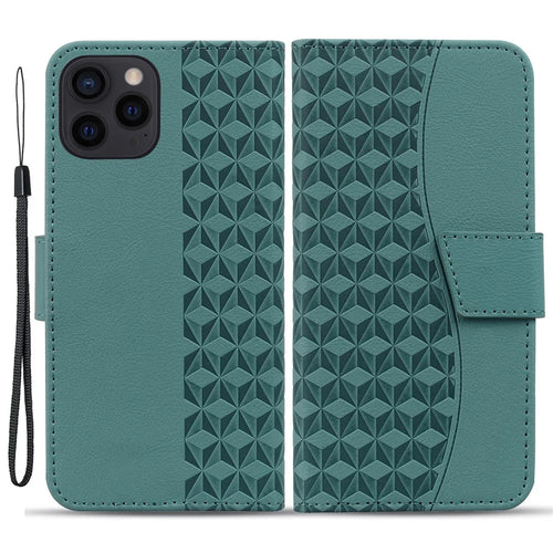 For iPhone 14 Pro Max Leather Case Imprinted Rhombus Wallet Cover - Green - 1