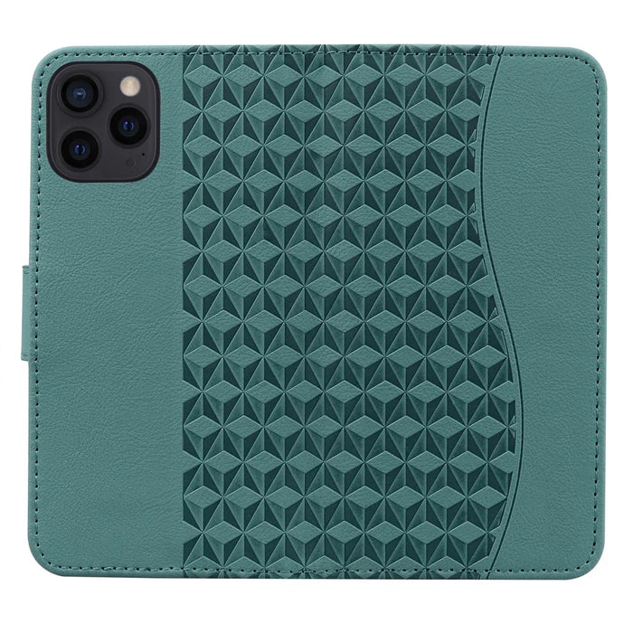 For iPhone 14 Pro Max Leather Case Imprinted Rhombus Wallet Cover - Green - 5