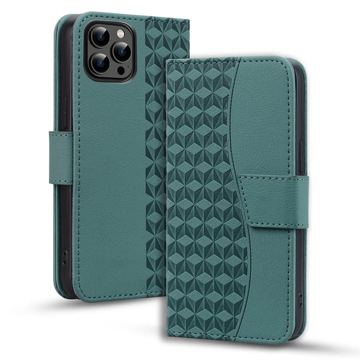 For iPhone 14 Pro Max Leather Case Imprinted Rhombus Wallet Cover - Green - 6