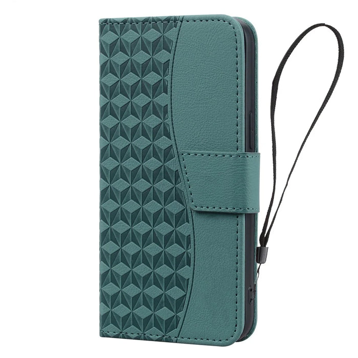 For iPhone 14 Pro Max Leather Case Imprinted Rhombus Wallet Cover - Green - 7