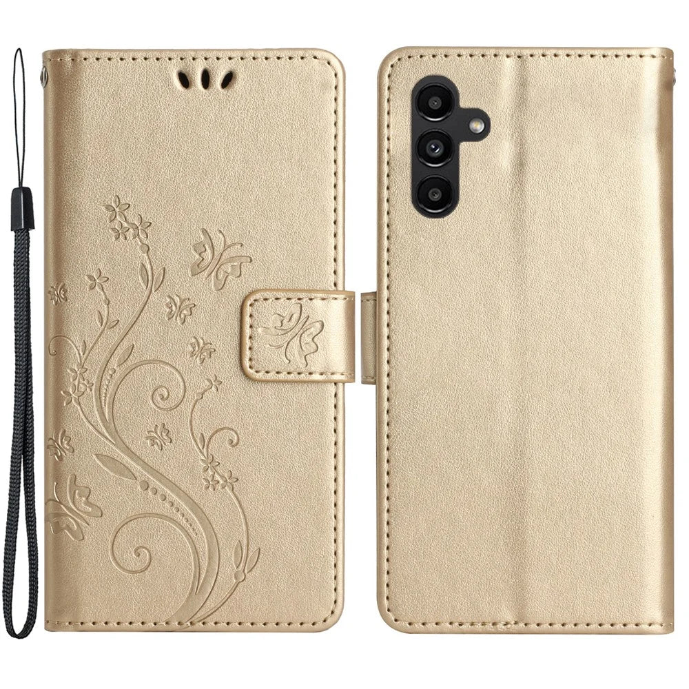 For Samsung Galaxy A15 4G Leather Case Butterfly Imprint Wallet Cover - Gold - 1