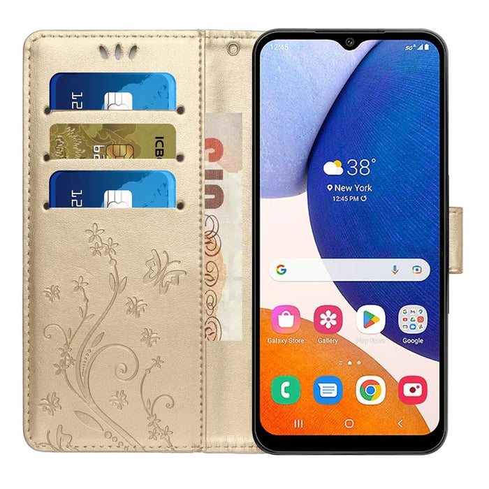 For Samsung Galaxy A15 4G Leather Case Butterfly Imprint Wallet Cover - Gold - 2