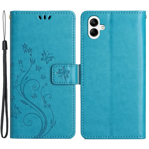 For Samsung Galaxy A05 4G Case Wallet Leather Cover with Imprinted Butterfly - Blue - 1