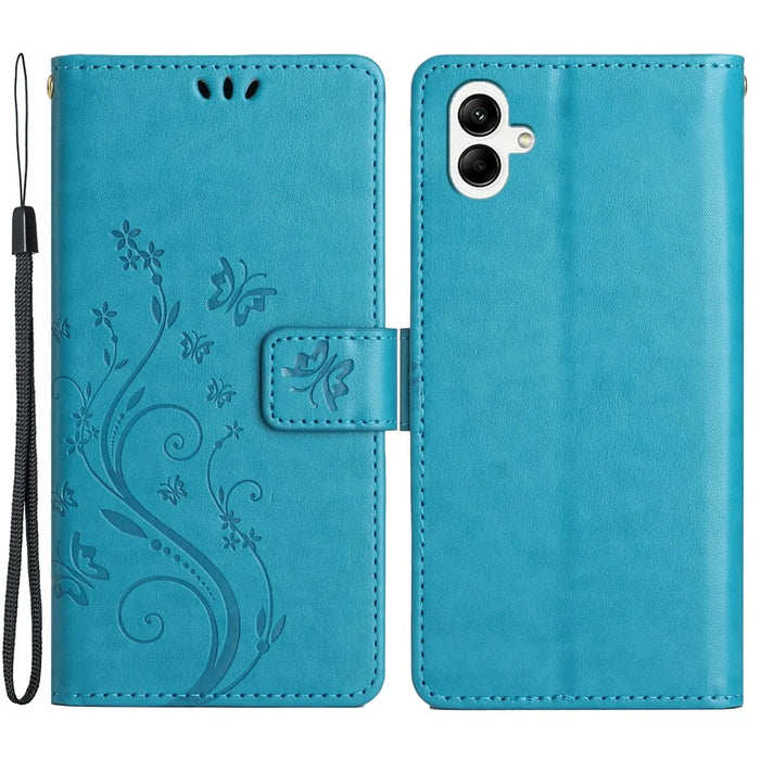 For Samsung Galaxy A05 4G Case Wallet Leather Cover with Imprinted Butterfly - Blue - 1