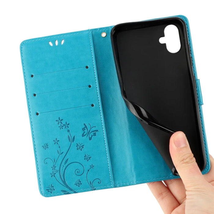 For Samsung Galaxy A05 4G Case Wallet Leather Cover with Imprinted Butterfly - Blue - 5