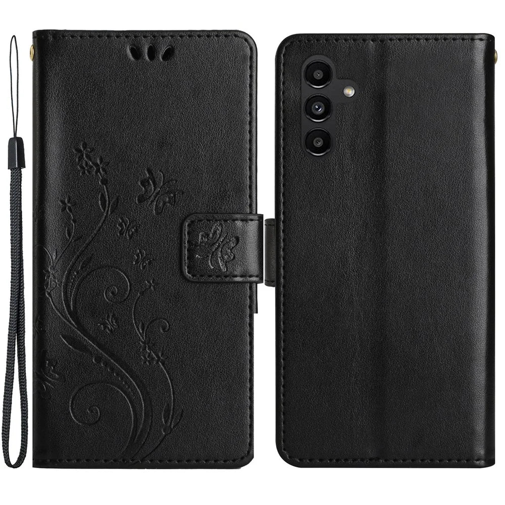 For Samsung Galaxy A05s 4G Case Wallet Stand Butterfly Imprint Phone Cover - Black - 1