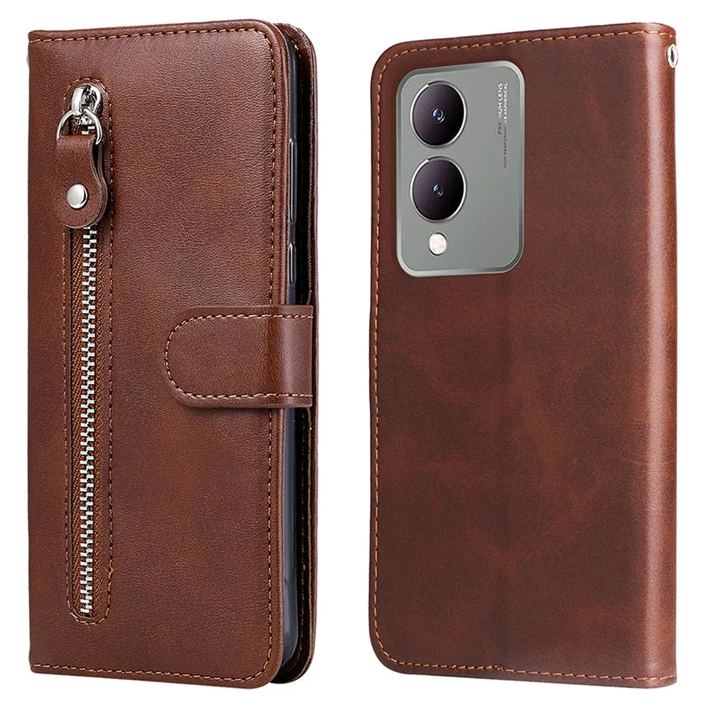 For vivo Y17s 4G Case PU Leather Phone Cover with Zipper Pocket Wallet - Brown - 1