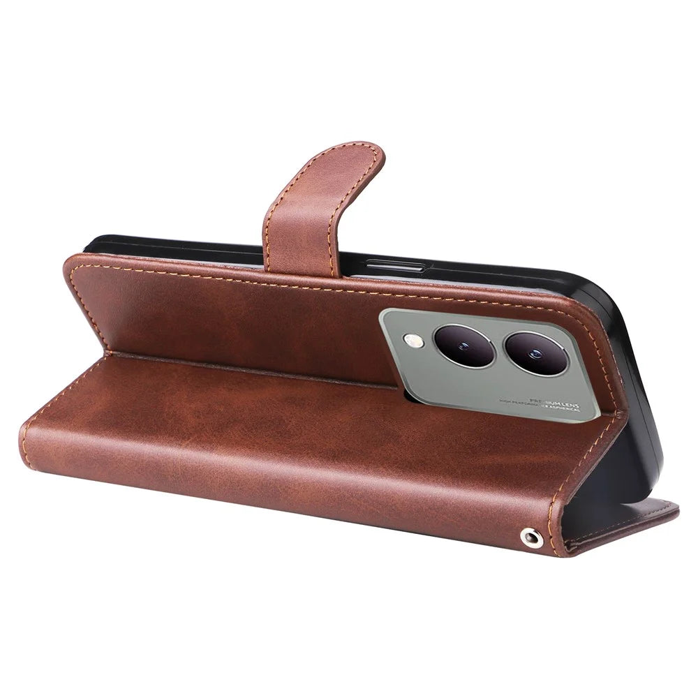 For vivo Y17s 4G Case PU Leather Phone Cover with Zipper Pocket Wallet - Brown - 3