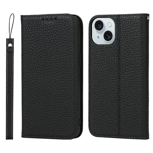 For iPhone 15 Plus Case Litchi Texture Genuine Cow Leather Cell Phone Cover Stand Wallet - Black - 1