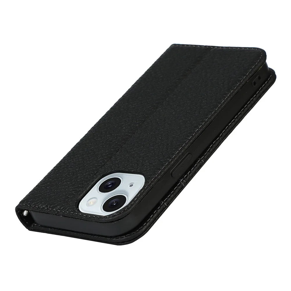 For iPhone 15 Plus Case Litchi Texture Genuine Cow Leather Cell Phone Cover Stand Wallet - Black - 6