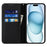 For iPhone 15 Case Litchi Texture Anti-scratch Genuine Cow Leather Cover Stand Wallet - Black - 3