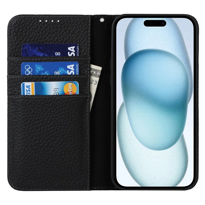 For iPhone 15 Case Litchi Texture Anti-scratch Genuine Cow Leather Cover Stand Wallet - Black - 3