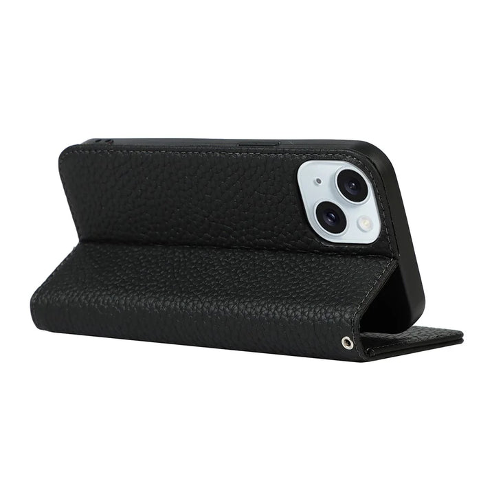 For iPhone 15 Case Litchi Texture Anti-scratch Genuine Cow Leather Cover Stand Wallet - Black - 4