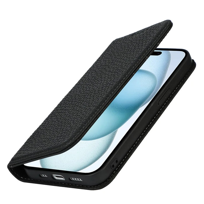 For iPhone 15 Case Litchi Texture Anti-scratch Genuine Cow Leather Cover Stand Wallet - Black - 5
