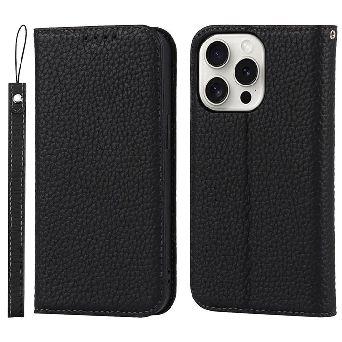 For iPhone 15 Pro Max Case Litchi Texture Genuine Cow Leather Phone Wallet Cover - Black - 1