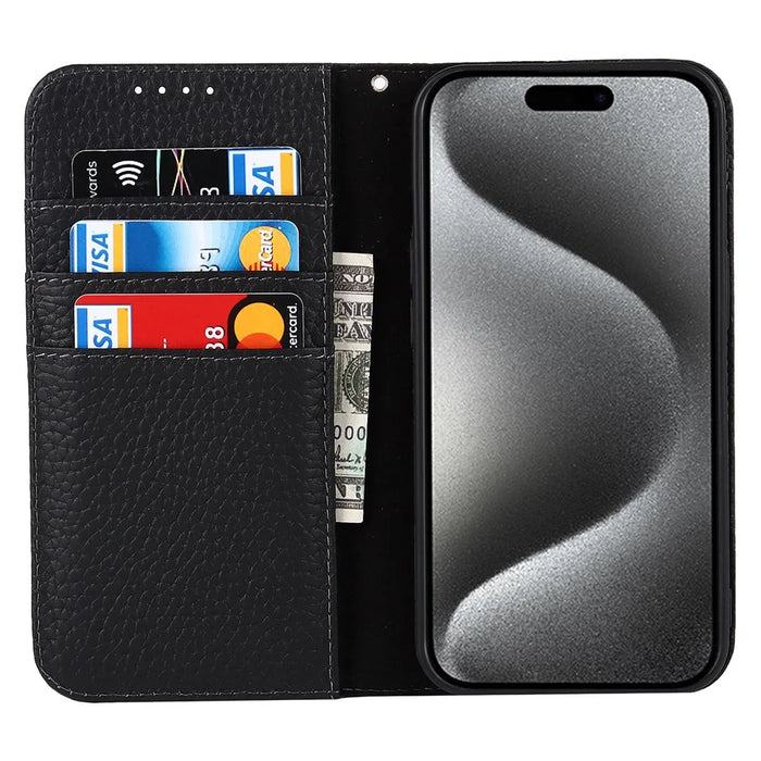 For iPhone 15 Pro Max Case Litchi Texture Genuine Cow Leather Phone Wallet Cover - Black - 2