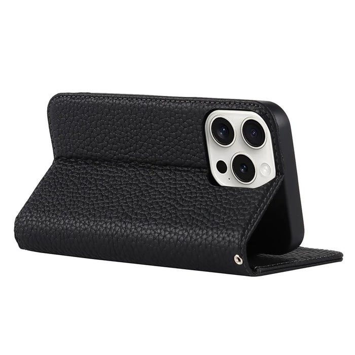 For iPhone 15 Pro Max Case Litchi Texture Genuine Cow Leather Phone Wallet Cover - Black - 4