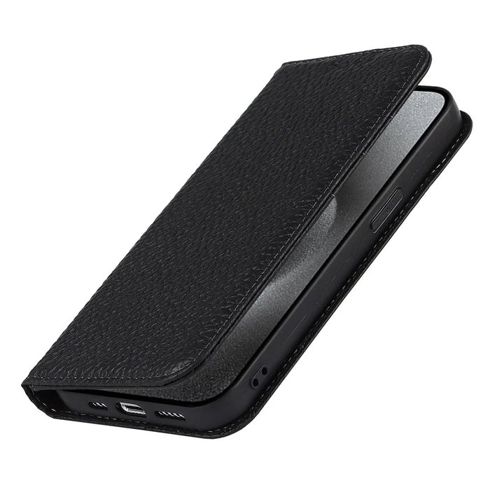 For iPhone 15 Pro Max Case Litchi Texture Genuine Cow Leather Phone Wallet Cover - Black - 6