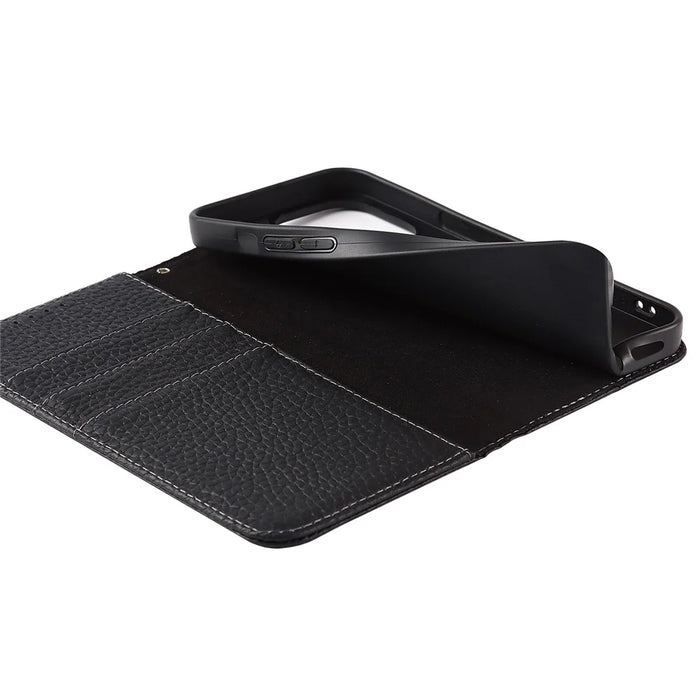 For iPhone 15 Pro Max Case Litchi Texture Genuine Cow Leather Phone Wallet Cover - Black - 7