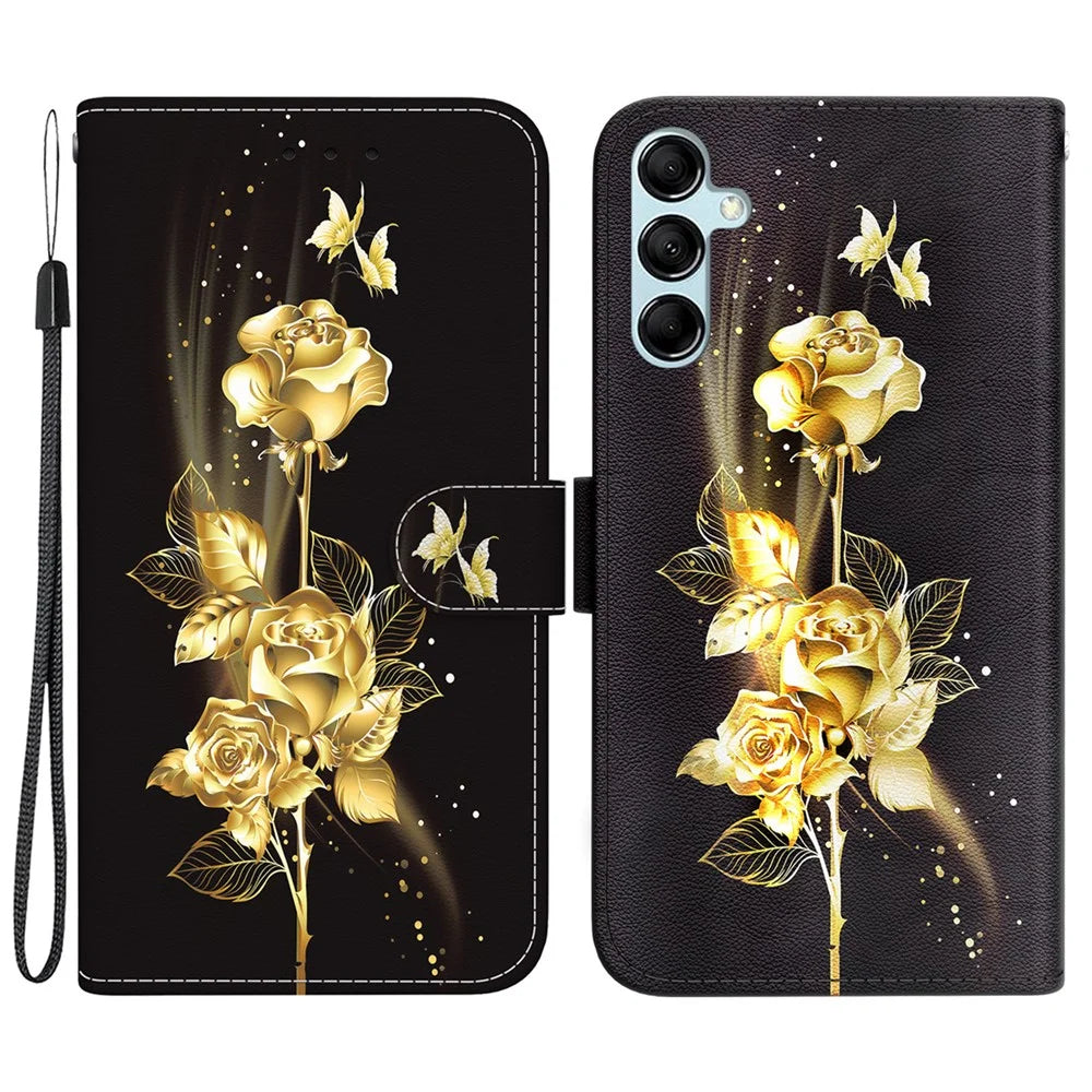 For Samsung Galaxy A15 4G Case 3D Pattern PU Leather Flip Shockproof Cover - Gold Butterfly Rose - 1