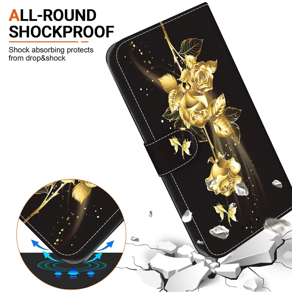 For Samsung Galaxy A15 4G Case 3D Pattern PU Leather Flip Shockproof Cover - Gold Butterfly Rose - 4