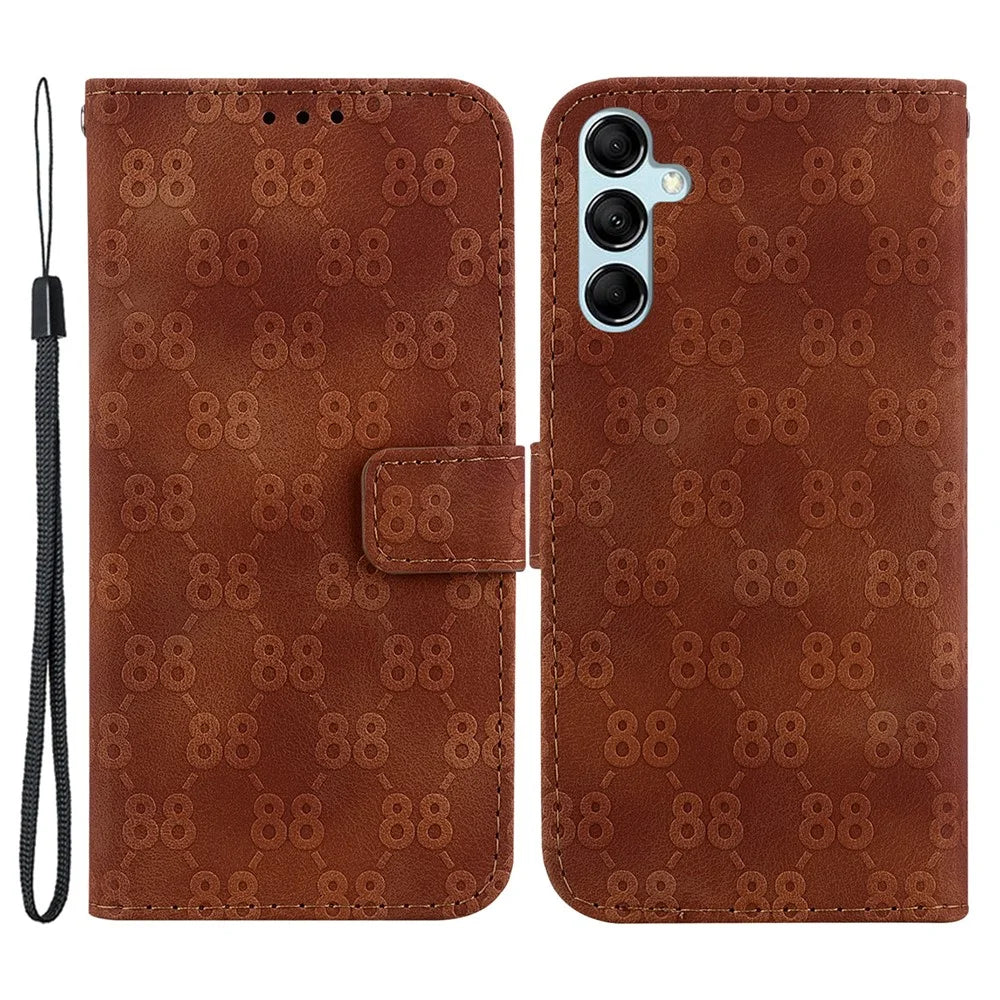 For Samsung Galaxy A15 4G Case Double 8-Shape Imprint Leather Stand Cell Phone Cover - Brown - 1