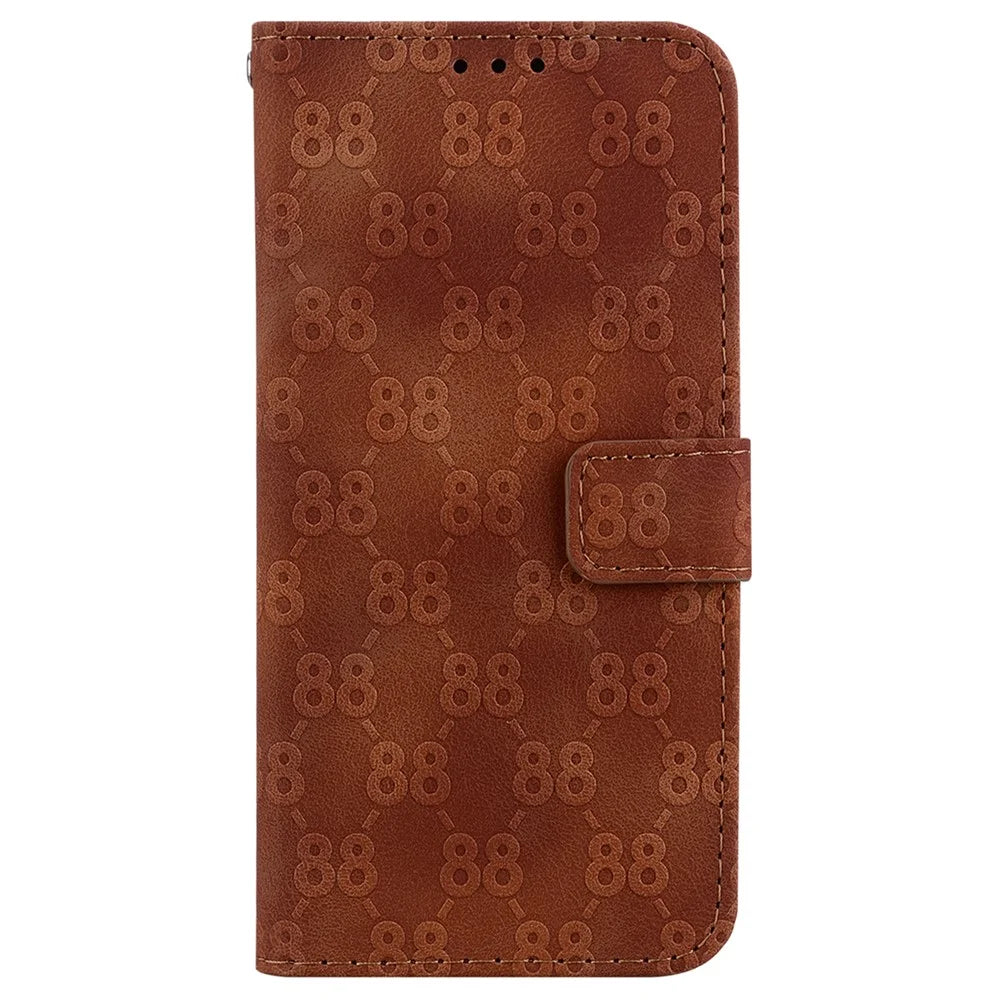 For Samsung Galaxy A15 4G Case Double 8-Shape Imprint Leather Stand Cell Phone Cover - Brown - 7