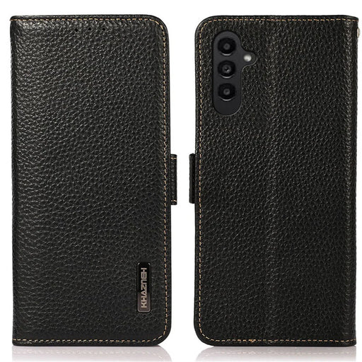 KHAZNEH For Samsung Galaxy A15 4G Case Genuine Cow Leather RFID Blocking Phone Wallet Cover - Black - 1