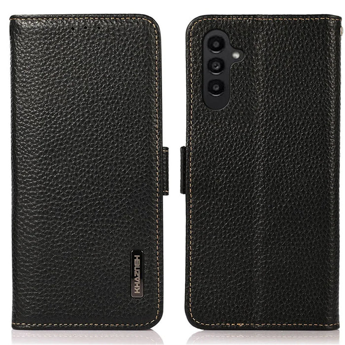 KHAZNEH For Samsung Galaxy A15 4G Case Genuine Cow Leather RFID Blocking Phone Wallet Cover - Black - 1