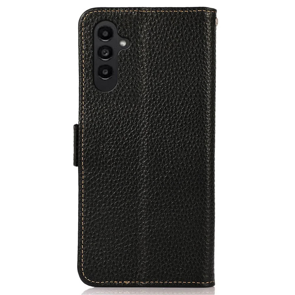 KHAZNEH For Samsung Galaxy A15 4G Case Genuine Cow Leather RFID Blocking Phone Wallet Cover - Black - 7