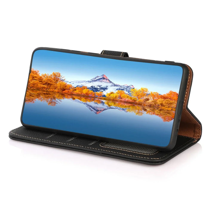 KHAZNEH For Samsung Galaxy A15 4G Case Genuine Cow Leather RFID Blocking Phone Stand Cover - Black - 3