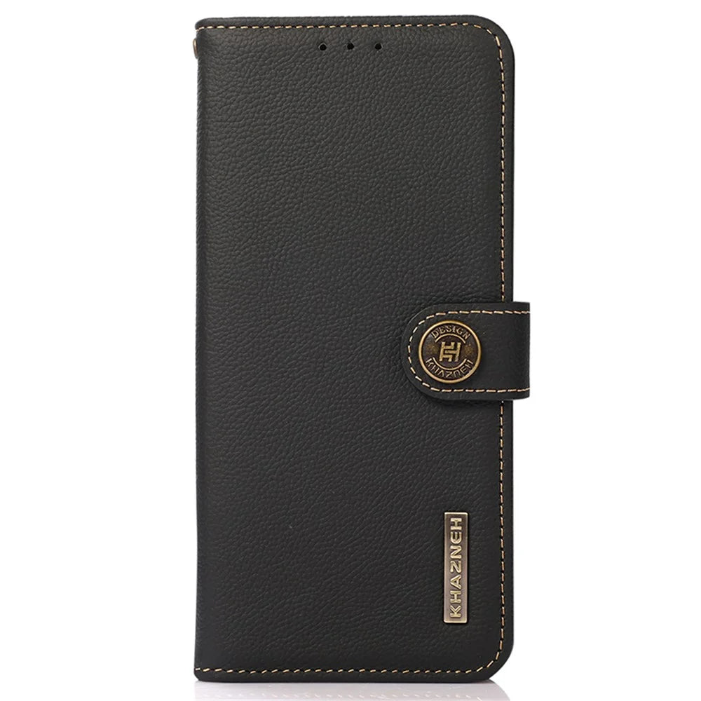 KHAZNEH For Samsung Galaxy A15 4G Case Genuine Cow Leather RFID Blocking Phone Stand Cover - Black - 6