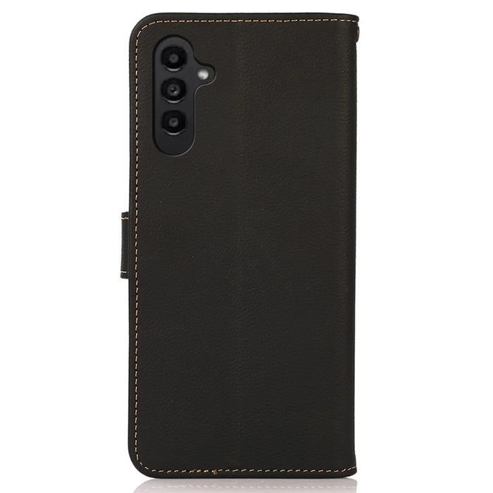 KHAZNEH For Samsung Galaxy A15 4G Case Genuine Cow Leather RFID Blocking Phone Stand Cover - Black - 7