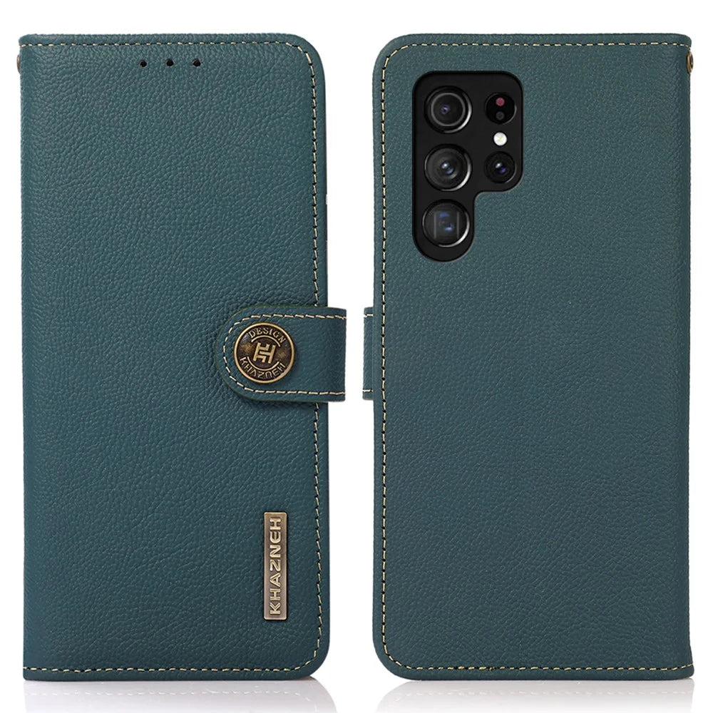 KHAZNEH For Samsung Galaxy S24 Ultra Case Shockproof Genuine Cow Leather Phone Cover - Green - 1