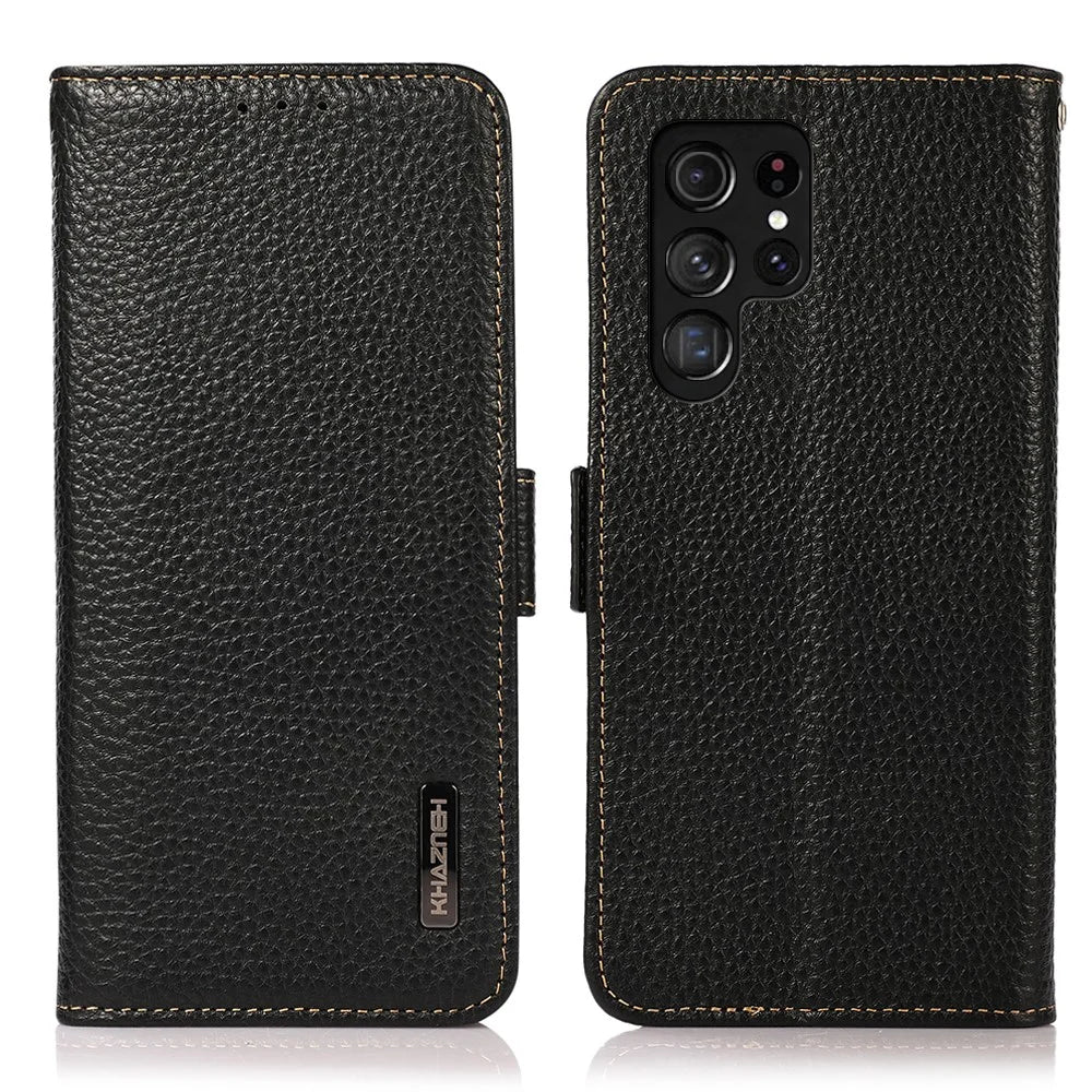 KHAZNEH For Samsung Galaxy S24 Ultra Phone Case Genuine Cow Leather Wallet Stand Cover - Black - 1