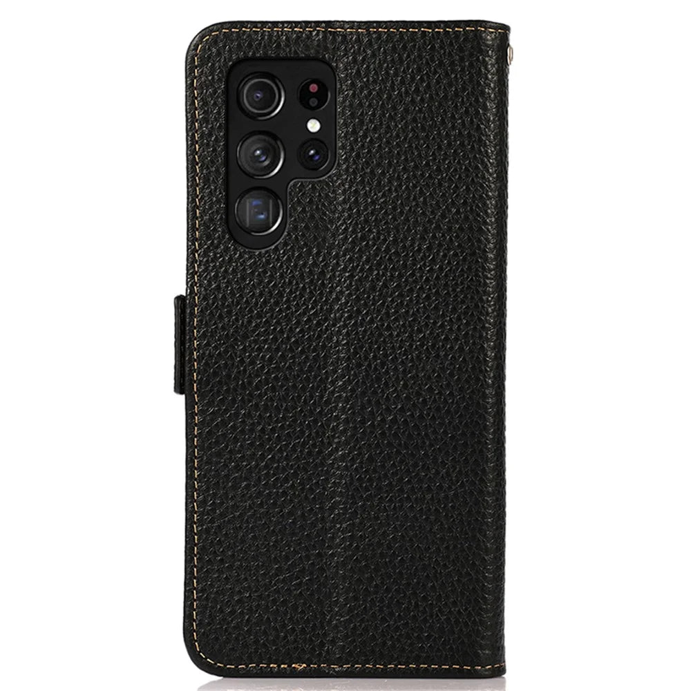 KHAZNEH For Samsung Galaxy S24 Ultra Phone Case Genuine Cow Leather Wallet Stand Cover - Black - 7