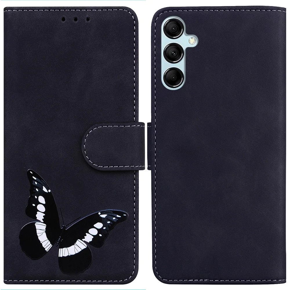 For Samsung Galaxy A15 4G Case Skin-touch Leather Butterfly Printing Phone Cover - Black - 1